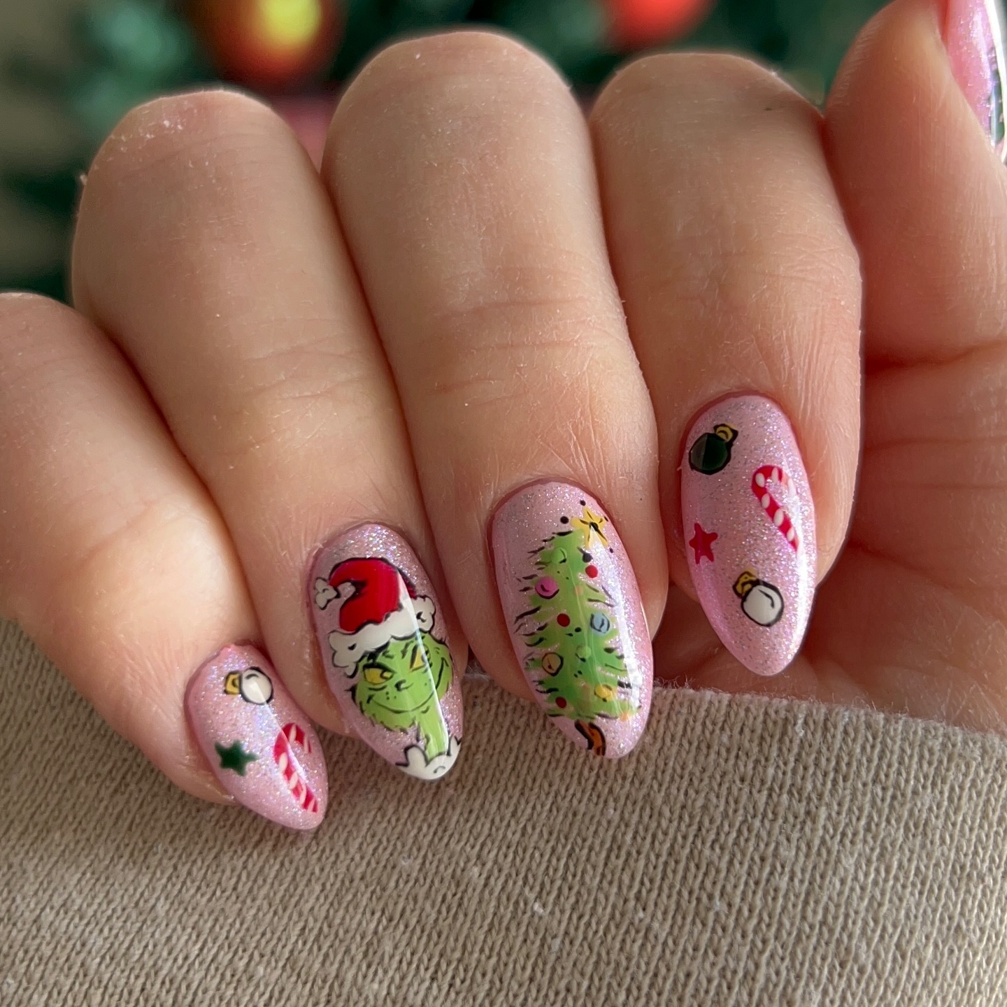 Grinch Christmas Tree Almond Nails