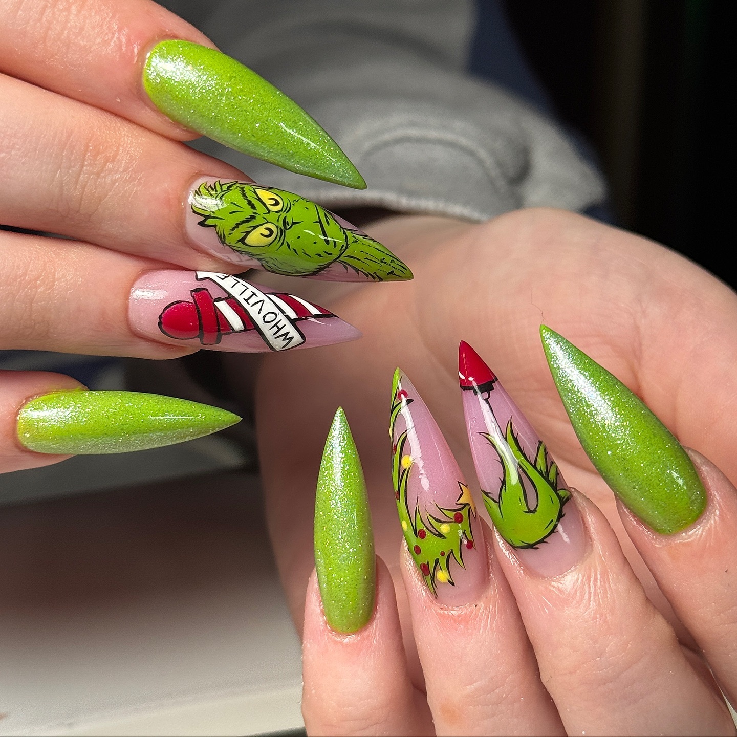 Grinch Christmas Tree Stiletto Nails
