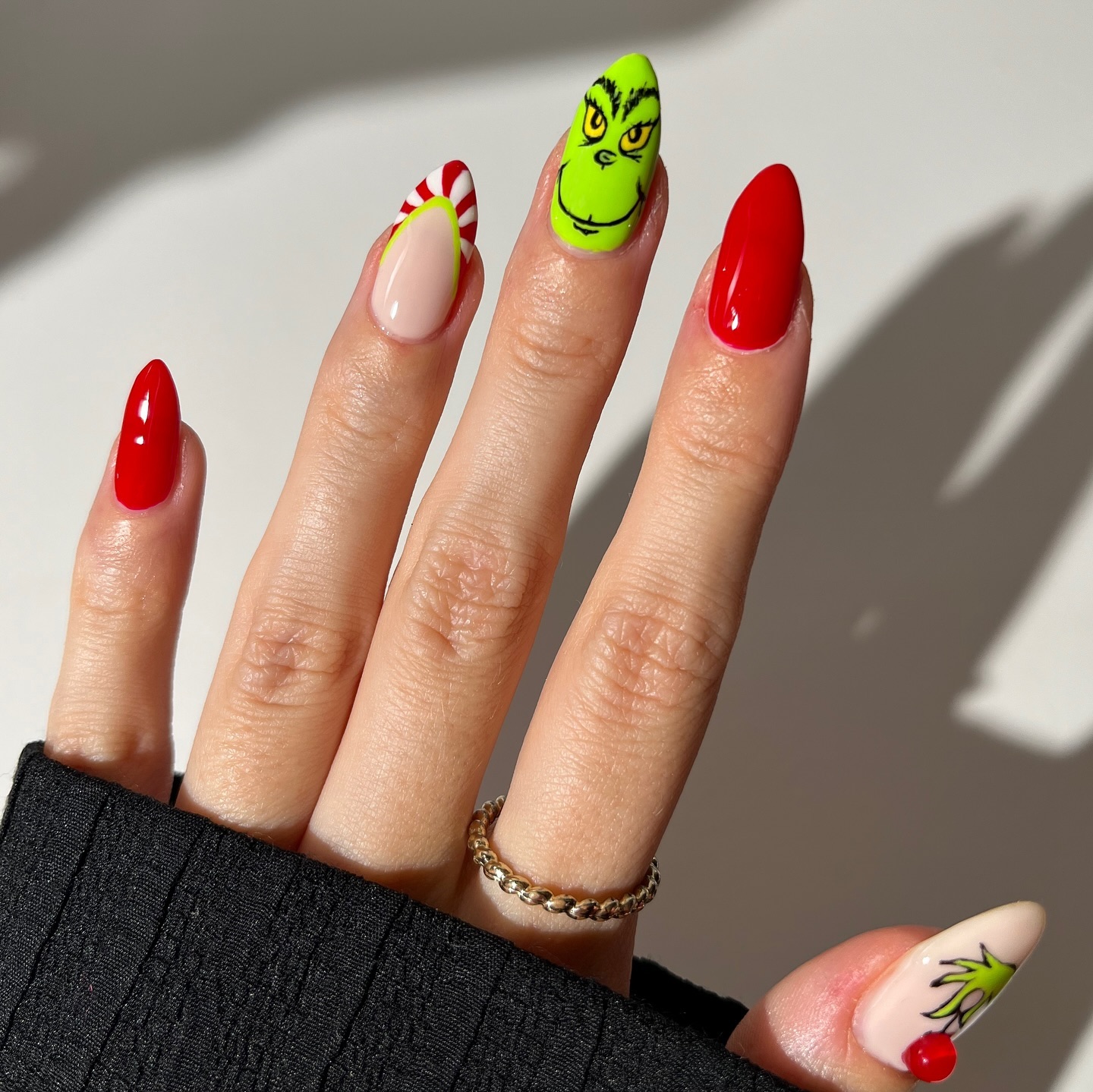 Grinch Face & Candy Cane French Tip Almond Nails