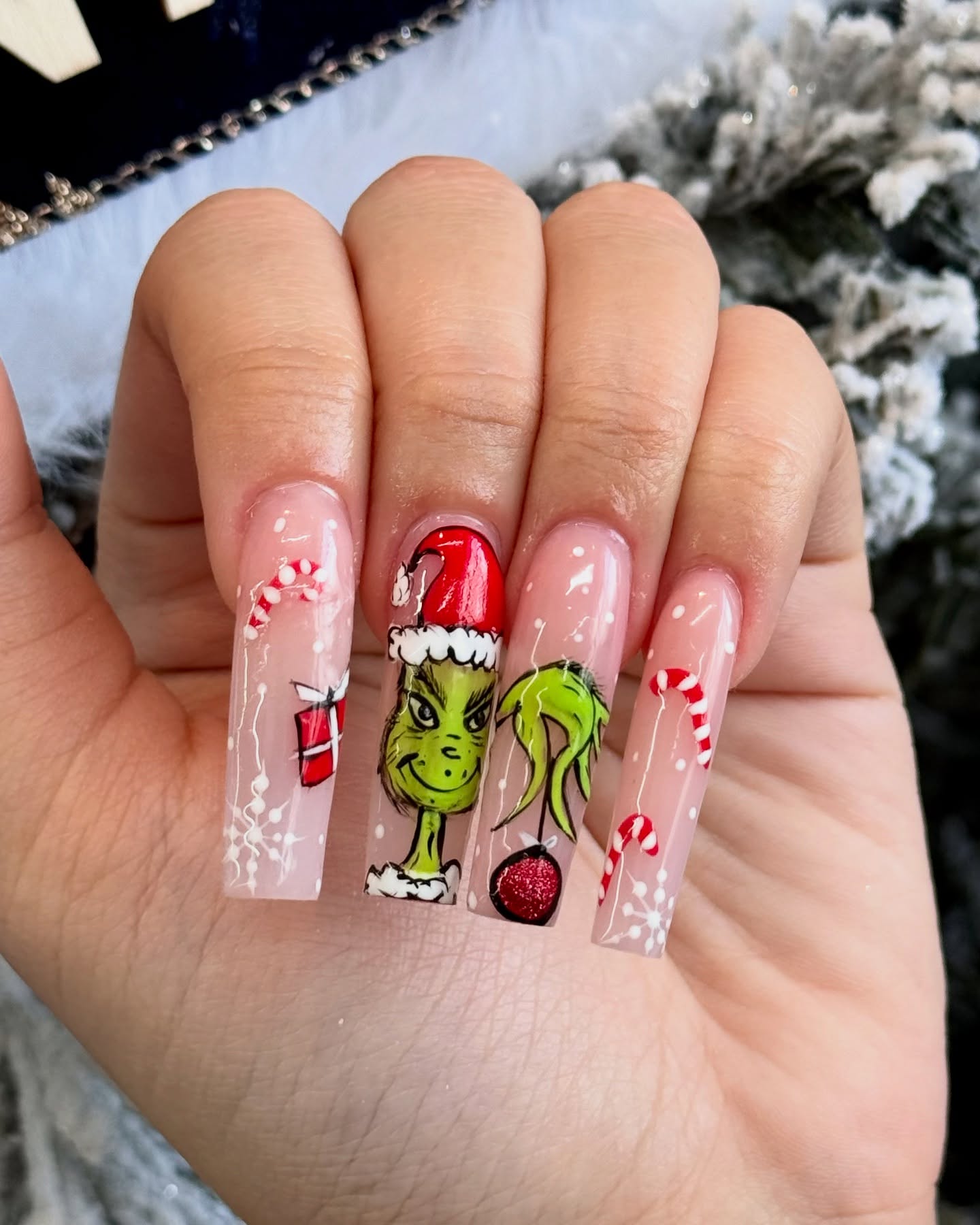 Grinch Holiday Character French Tip Nails