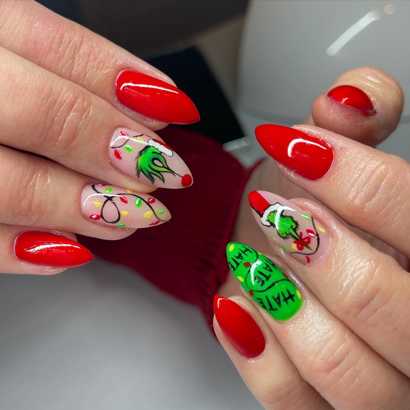 Grinch Holiday Lights Almond Nails
