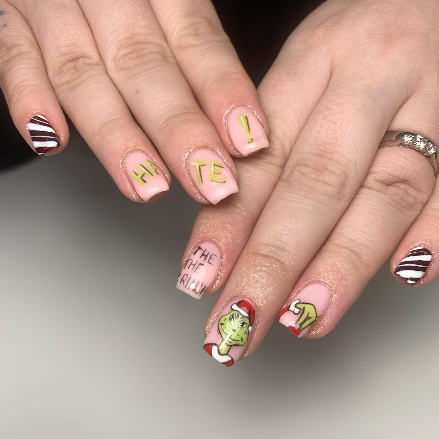 Grinch Themed Pink Matte Christmas Nails