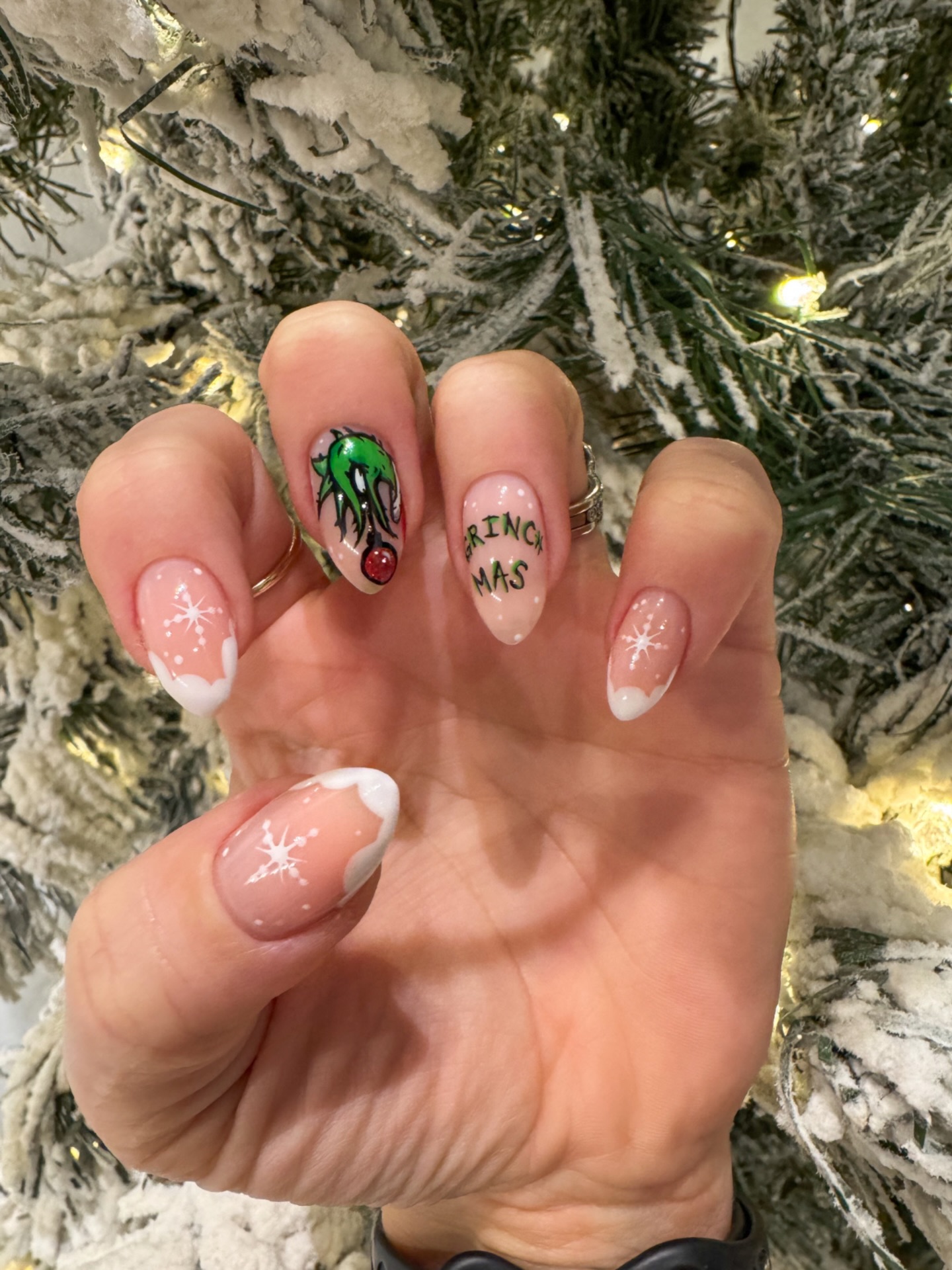 Grinchmas French Tip Snowflake Nails