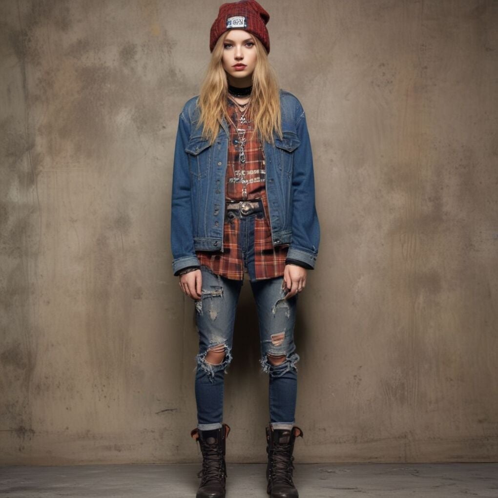 Denim Jacket Over Plaid Shirt and Graphic Tee Denim Jacket Over Plaid Shirt and Graphic Tee — Grunge Outfits