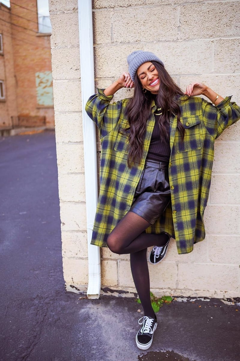 Oversized Plaid Shirt With Faux Leather Mini Shorts Oversized Plaid Shirt With Faux Leather Mini Shorts — Grunge Outfits