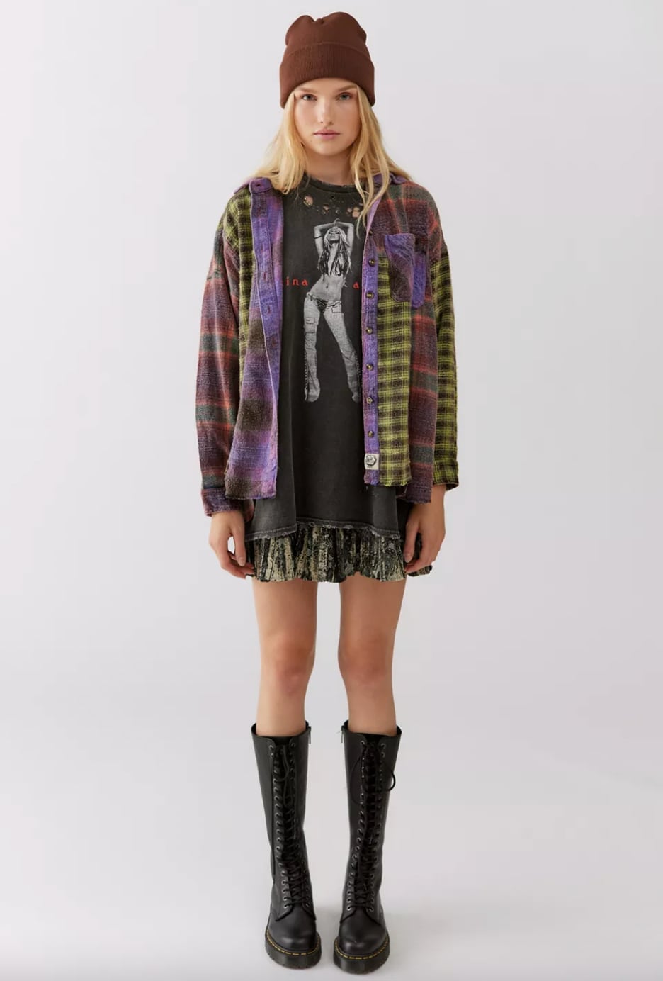 Multi-Colored Plaid Shirt As Mini Dress Multi-Colored Plaid Shirt As Mini Dress — Grunge Outfits