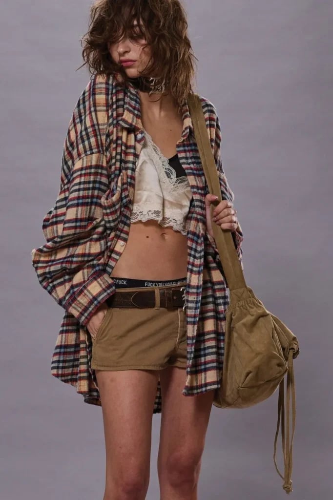 Oversized Plaid Shirt Over Lace Bralette Oversized Plaid Shirt Over Lace Bralette — Grunge Outfits