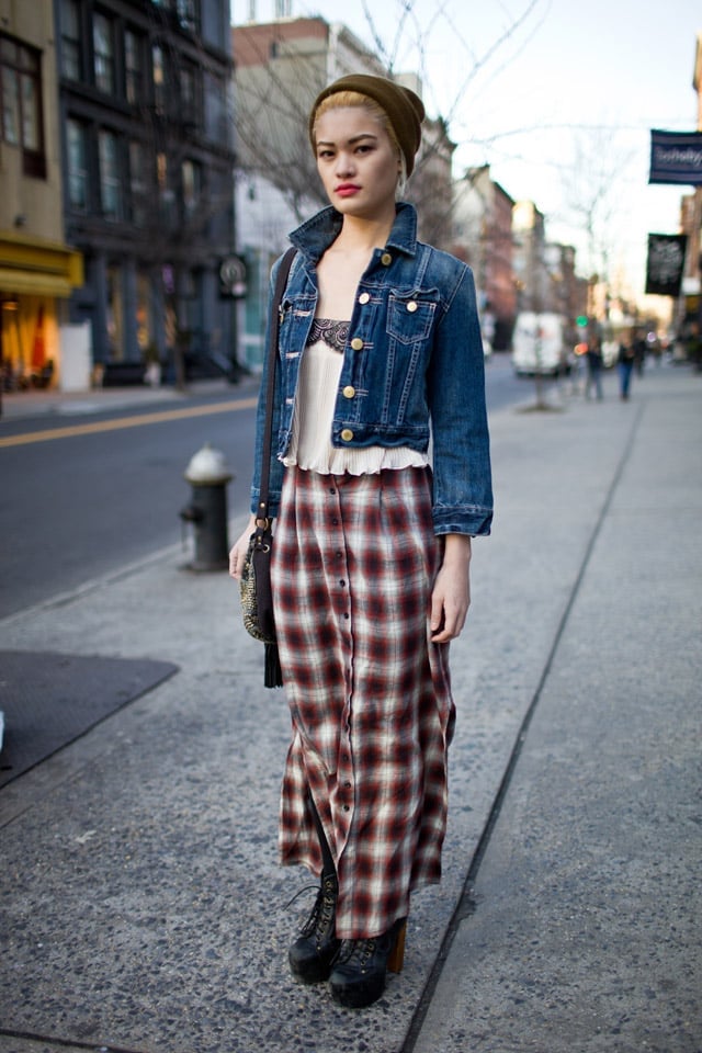 Denim Jacket With Plaid Maxi Dress Denim Jacket With Plaid Maxi Dress — Grunge Outfits