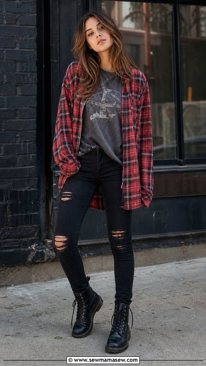 Distressed Black Skinny Jeans With Plaid Flannel Distressed Black Skinny Jeans With Plaid Flannel — Grunge Outfits