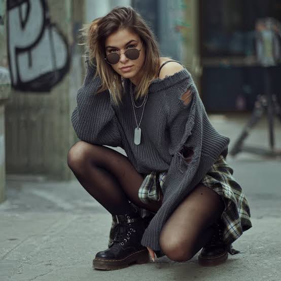 Distressed Sweater With Plaid Shirt At Waist — Grunge Style
