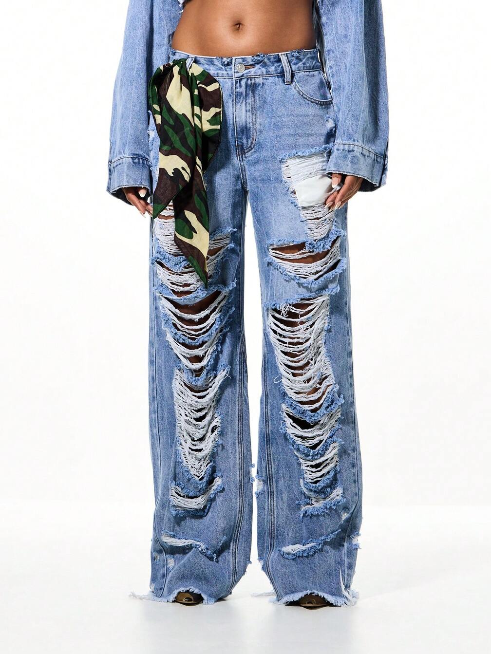 Ripped Wide-Leg Jeans With Camouflage Bandana — Grunge Style