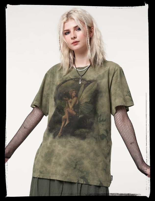 Tie-Dye Graphic Tee With Fishnet Sleeves — Grunge Style