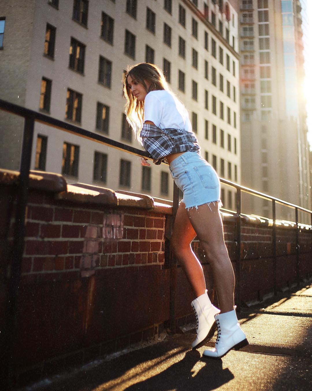 Distressed Denim Shorts With Plaid Shirt Tied — Grunge Style