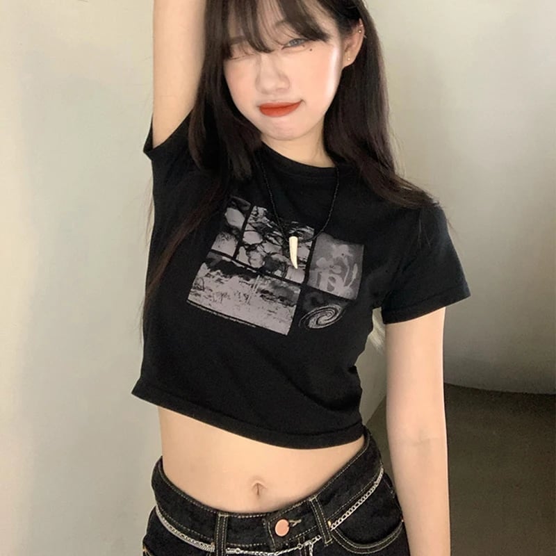 Graphic Crop Top With Pendant Necklace — Grunge Style