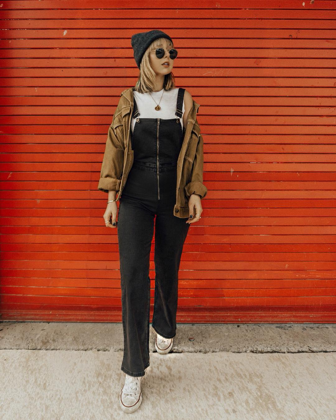 Denim Overalls With Utility Jacket Draped — Grunge Style