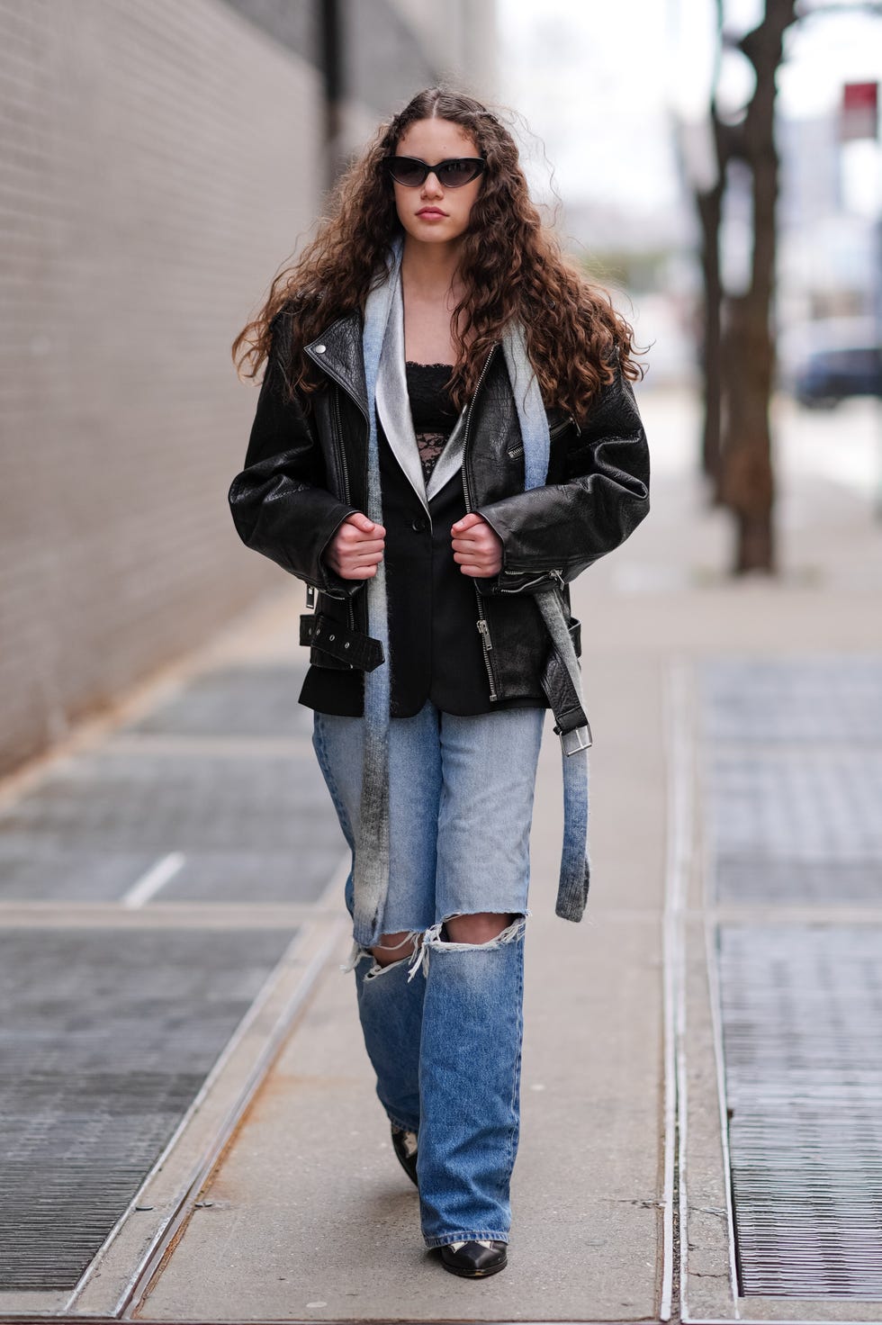 Leather Jacket Over Blazer And Lace Camisole — Grunge Style