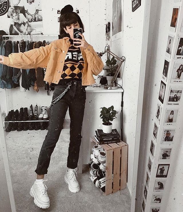 Cropped Yellow Jacket Over Graphic Sweater — Grunge Style