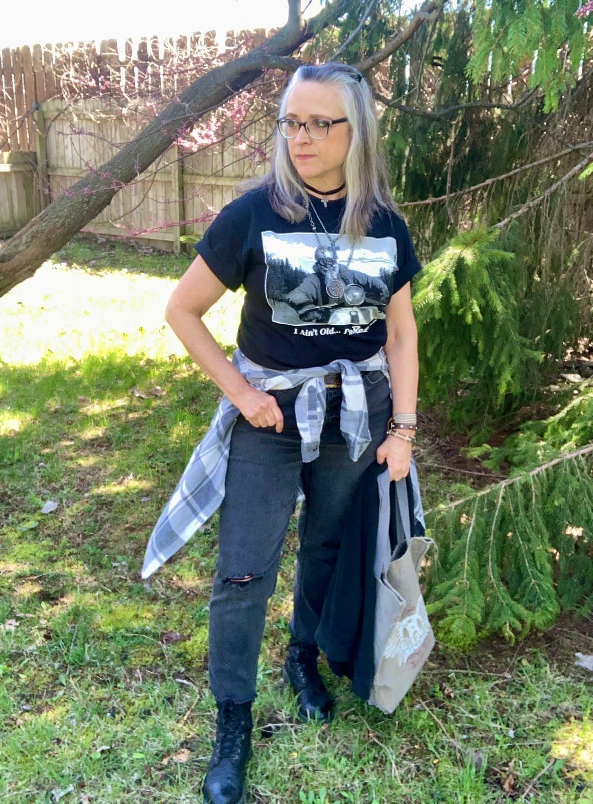 Graphic Tee With Plaid Shirt Tied And Ripped Jeans, Gray — Grunge Style