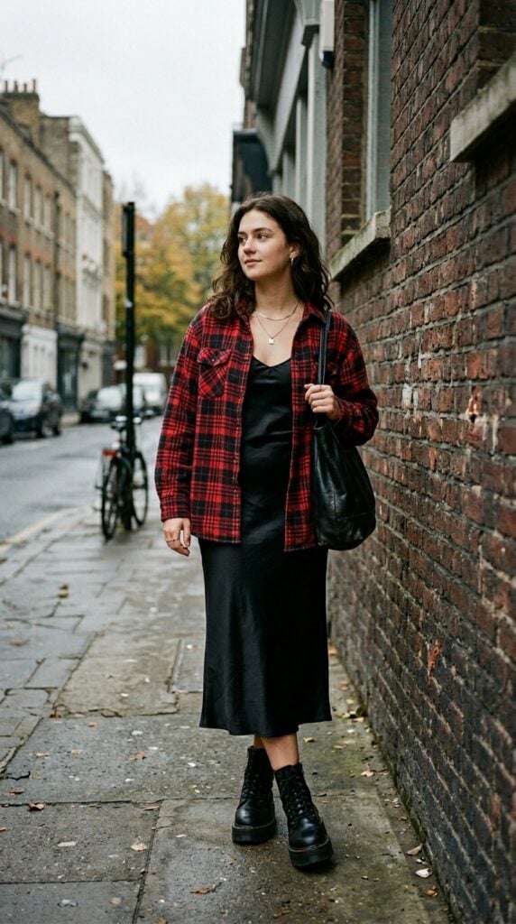 Plaid Shirt Over Slip Dress With Combat Boots — Grunge Style