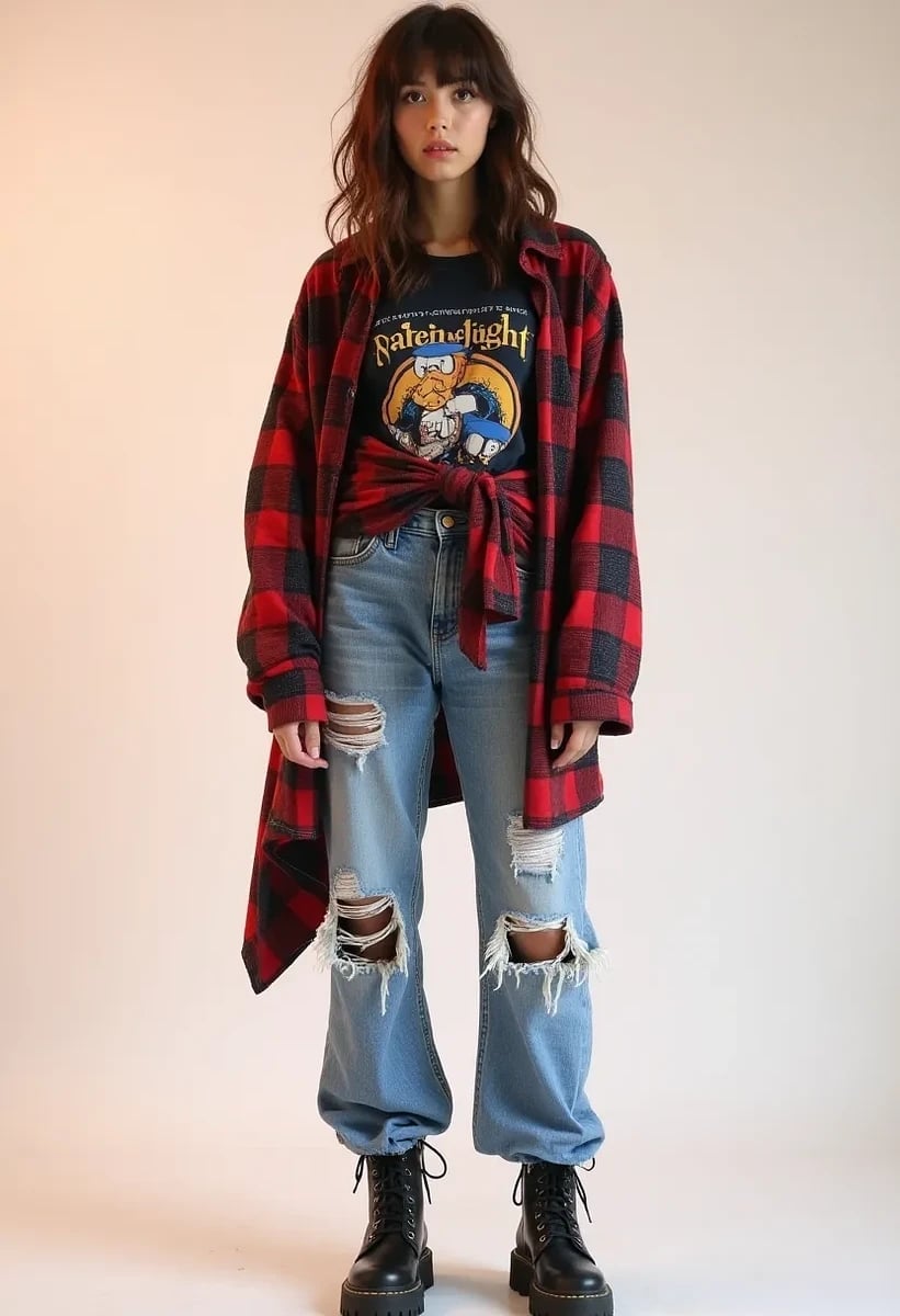 Flannel Shirt Over Graphic Tee With Ripped Jeans — Grunge Style