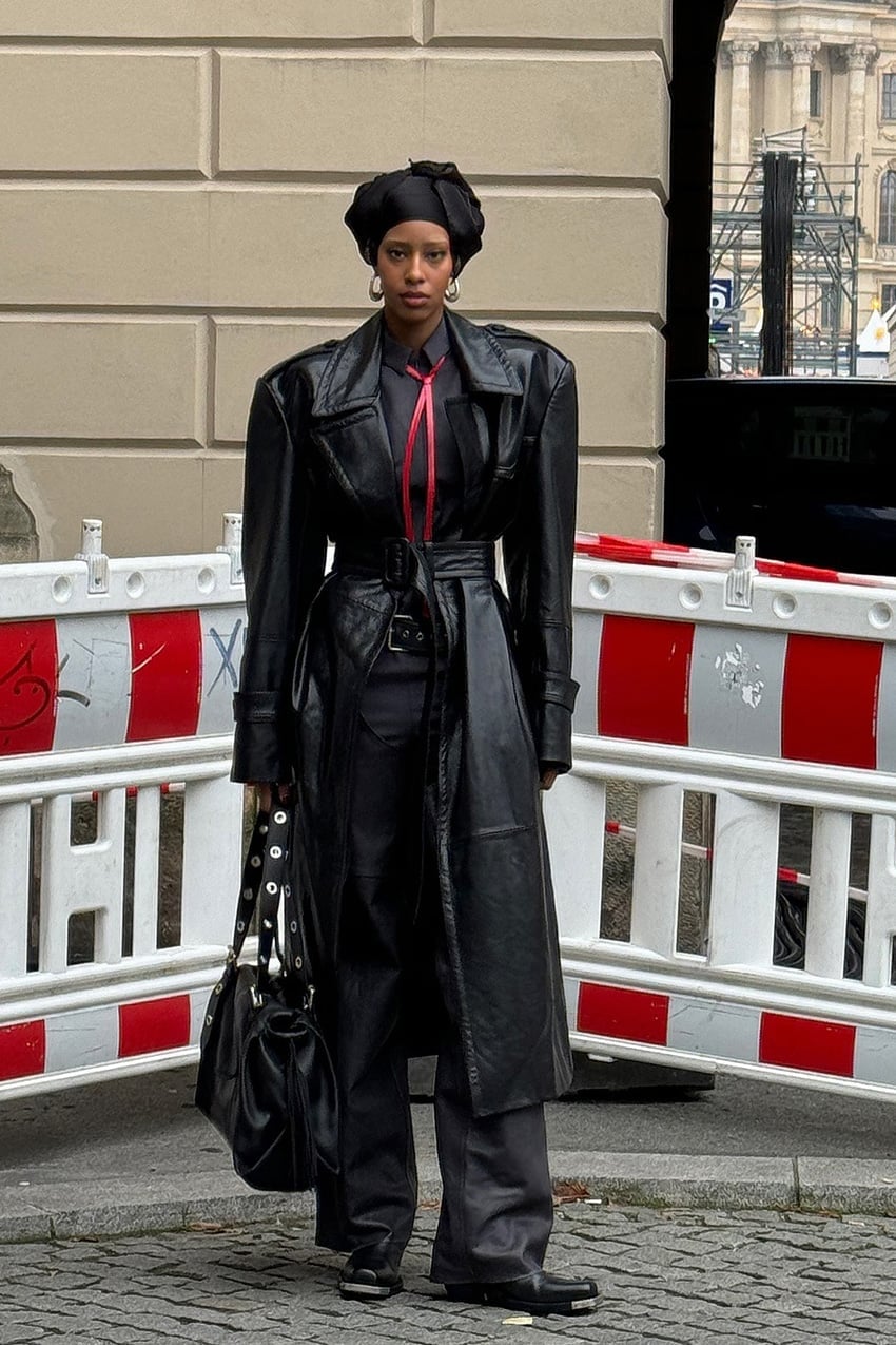 Oversized Leather Trench With Pink Tie Accent — Grunge Style