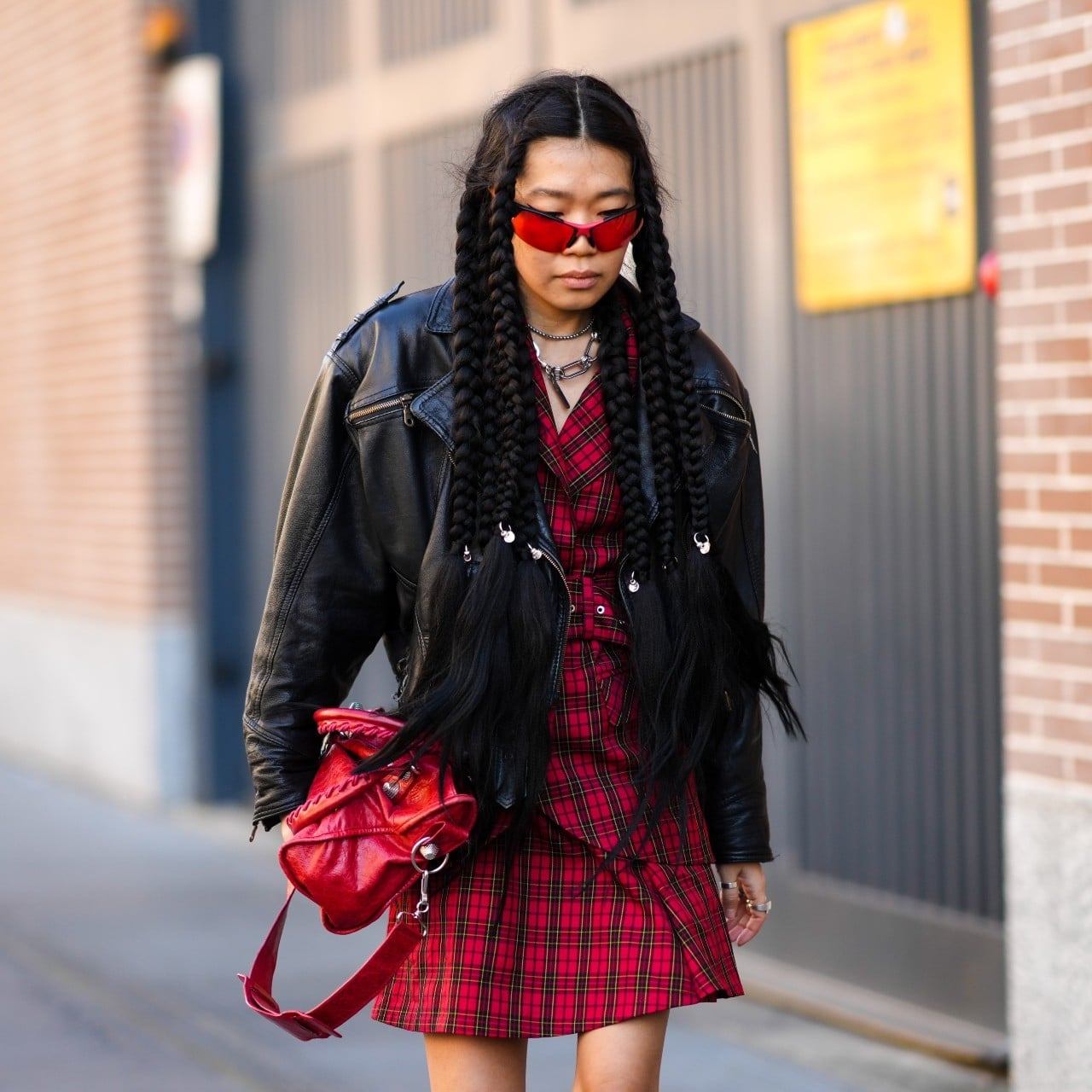 Leather Jacket Over Red Plaid Mini Dress — Grunge Style