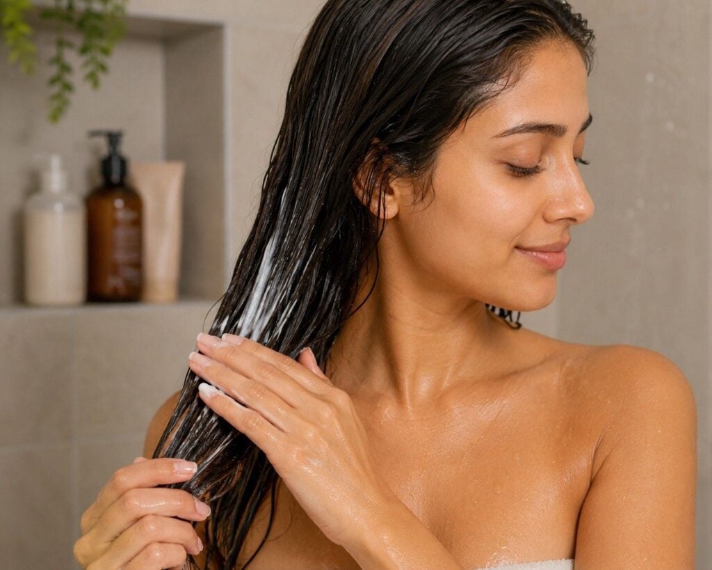 Mid-Back Thick Straight Hair Being Conditioned Mid-Back Thick Straight Hair Being Conditioned — Hair Care Routine