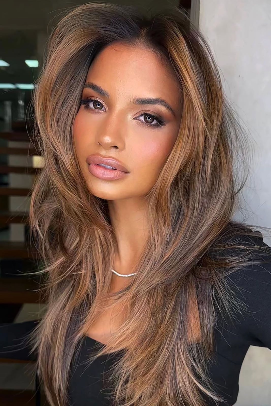 Chest-Length Layers With Warm Brown and Blonde Highlights Chest-Length Layers With Warm Brown and Blonde Highlights — Hair Color Chart