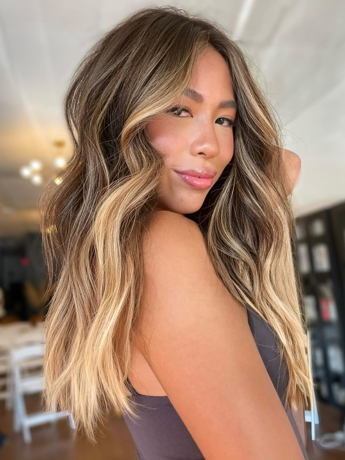 Chest-Length Dark Blonde With Bright Balayage Chest-Length Dark Blonde With Bright Balayage — Hair Color Chart