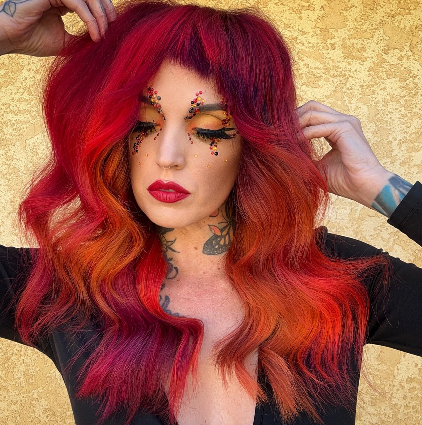 Red Orange Pink Ombré With Blunt Bangs — Hair Color Ideas