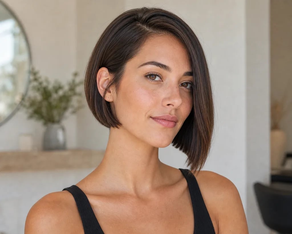 Sharp Chin Length Bob With Deep Side Part, Dark Brown — Hair Pictures