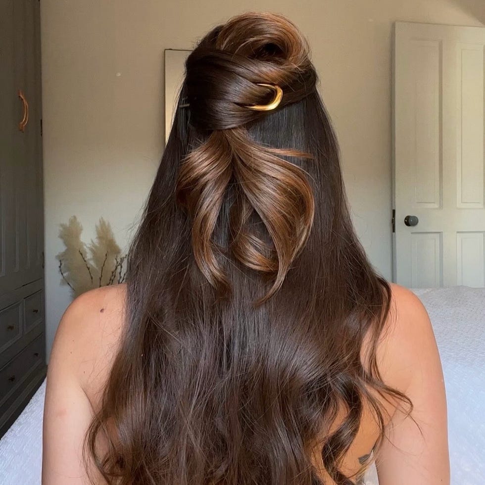Mid-Back Dark Brown Half Updo with Gold Clip Mid-Back Dark Brown Half Updo with Gold Clip — Hair with Clips