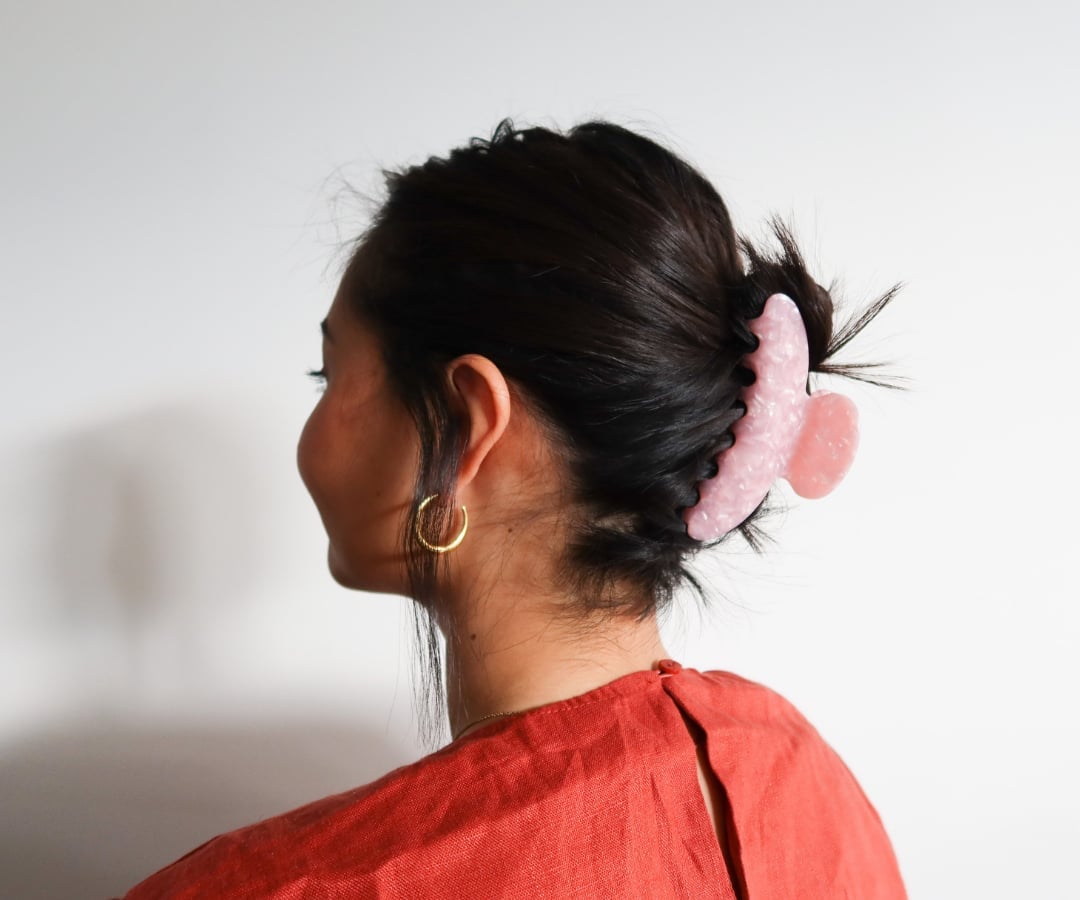 Shoulder Length Dark Brown Updo with Pink Marbled Clip Shoulder Length Dark Brown Updo with Pink Marbled Clip — Hair with Clips