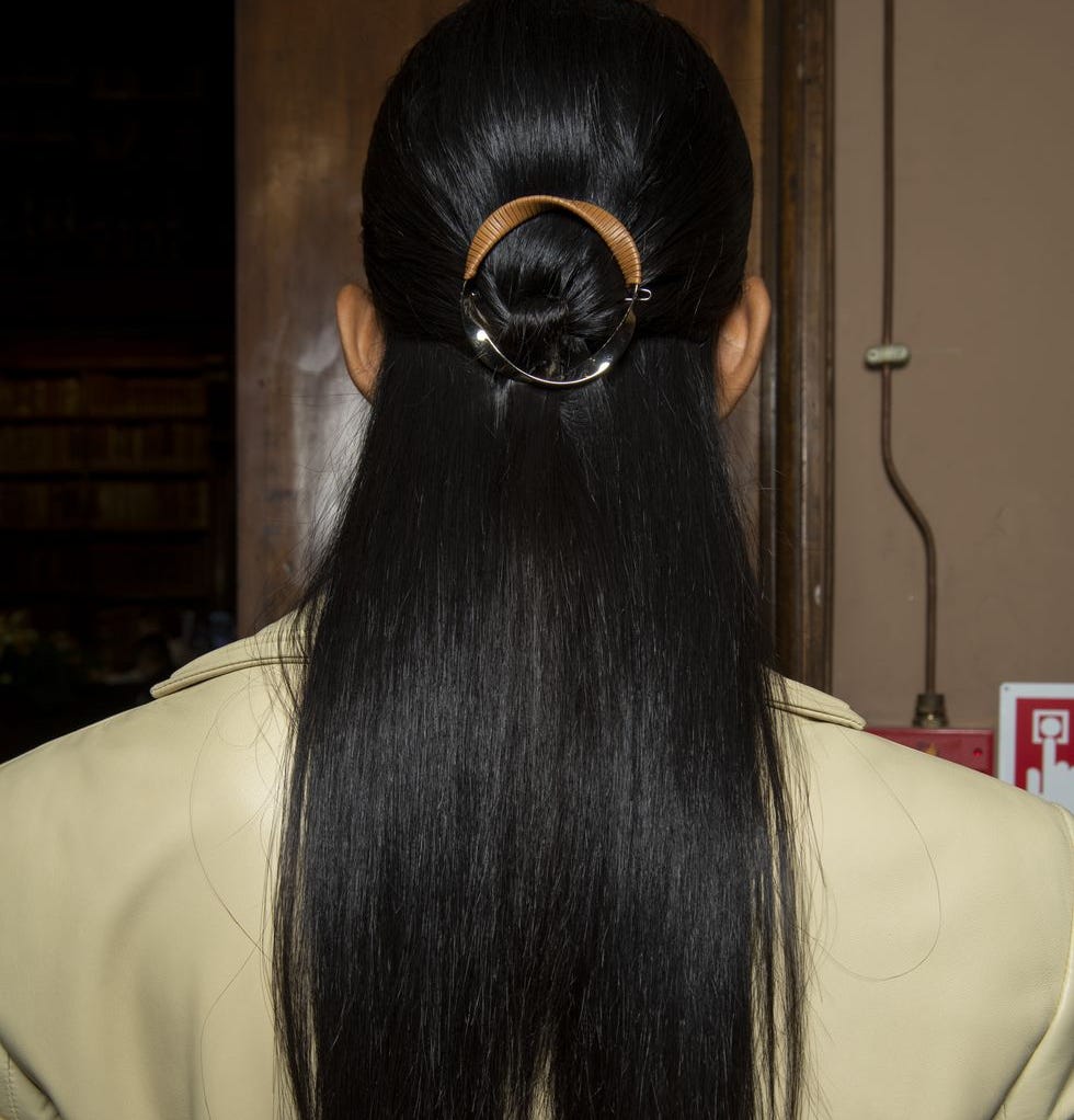 Mid-Back Thick Straight Black Hair Pulled Back with Woven Clip Mid-Back Thick Straight Black Hair Pulled Back with Woven Clip — Hair with Clips