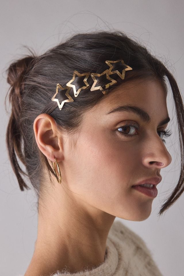 Long Dark Brown Sleek Updo with Star Clips Long Dark Brown Sleek Updo with Star Clips — Hair with Clips
