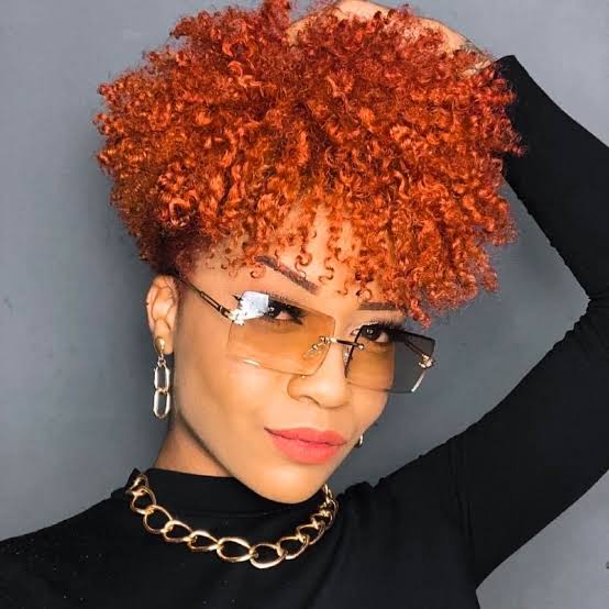 Short Orange Afro With Fringe Short Orange Afro With Fringe — Haircuts for Black Women