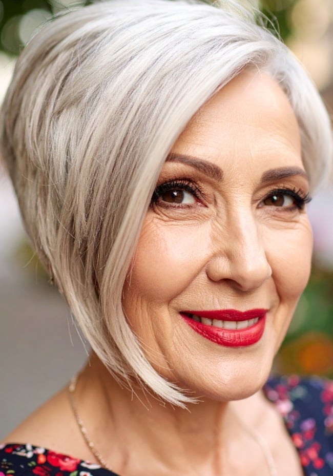 Angled Bob With Side-Swept Bangs Angled Bob With Side-Swept Bangs — Haircuts for Older Women