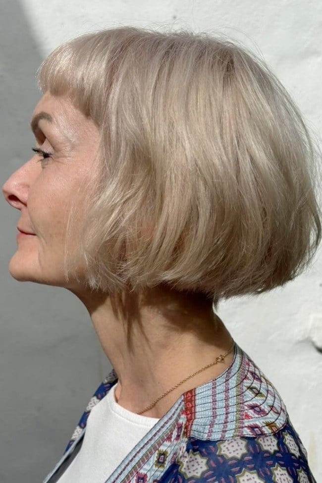 Champagne Blonde French Bob With Micro Bangs Champagne Blonde French Bob With Micro Bangs — Haircuts for Older Women