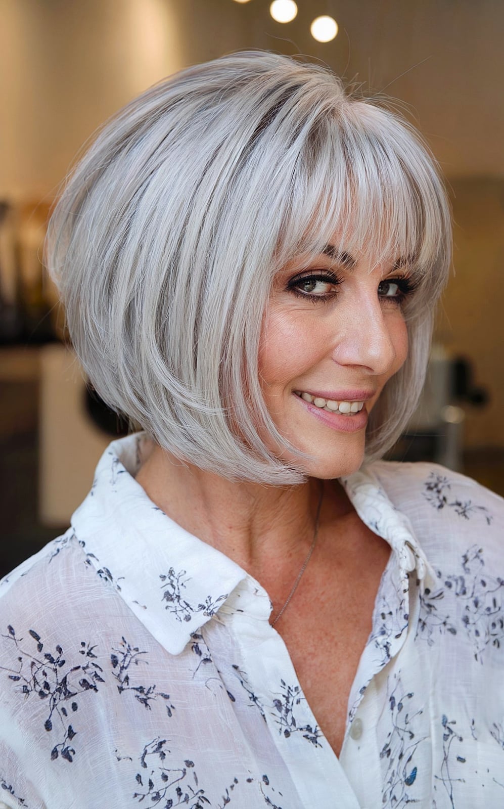 Ash Blonde Bob With Soft Layered Bangs Ash Blonde Bob With Soft Layered Bangs — Haircuts for Older Women
