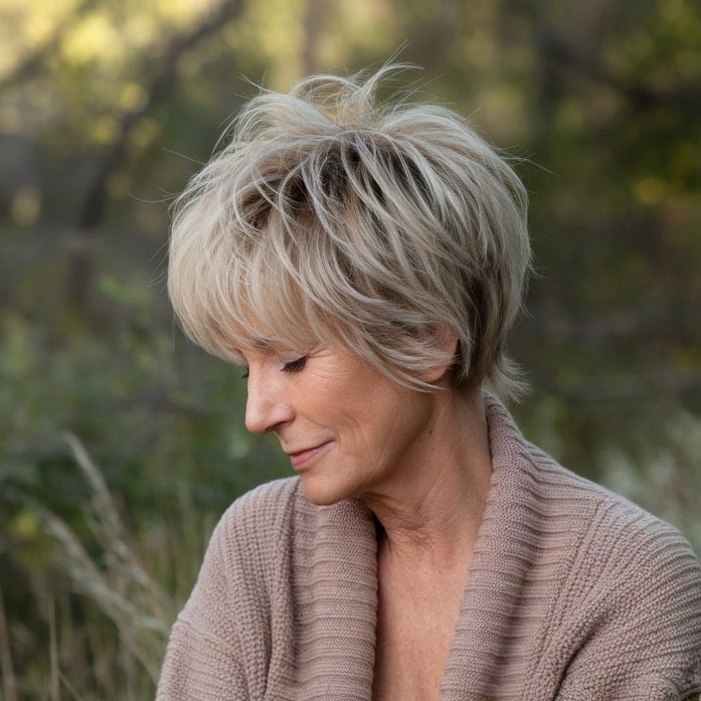 Ash Blonde Pixie With Wispy Bangs Ash Blonde Pixie With Wispy Bangs — Haircuts for Older Women