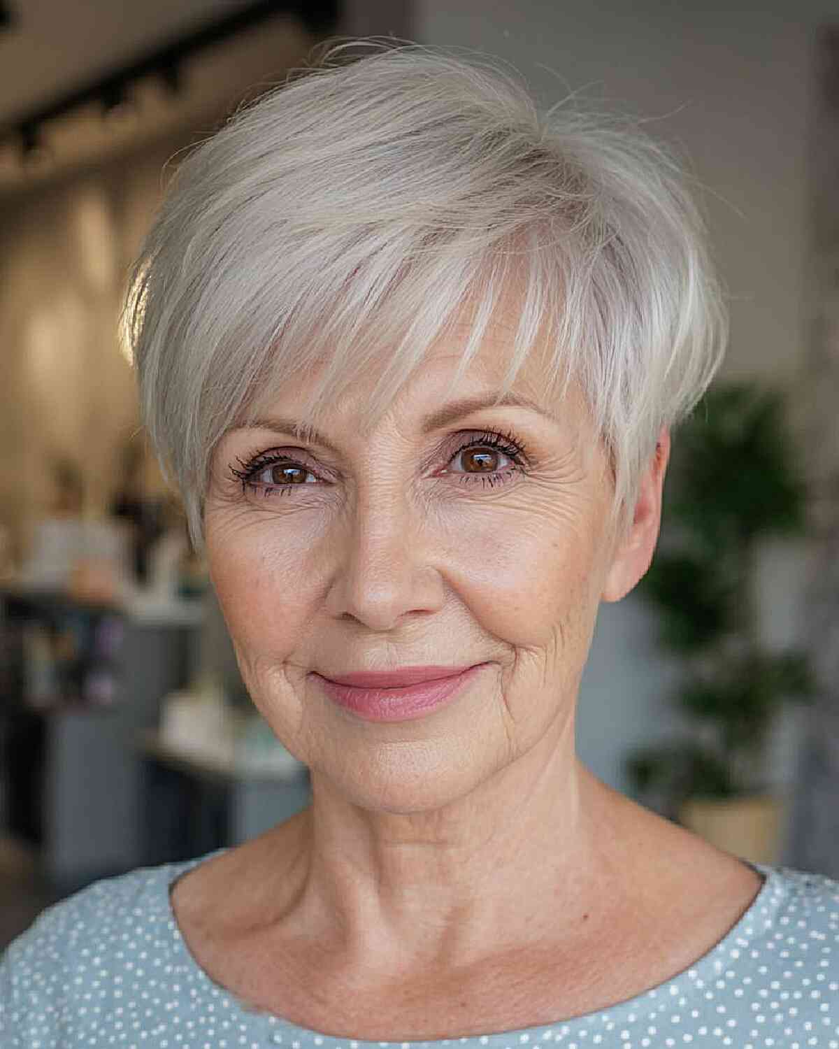 Platinum Blonde Pixie With Swept Bangs Platinum Blonde Pixie With Swept Bangs — Haircuts for Older Women