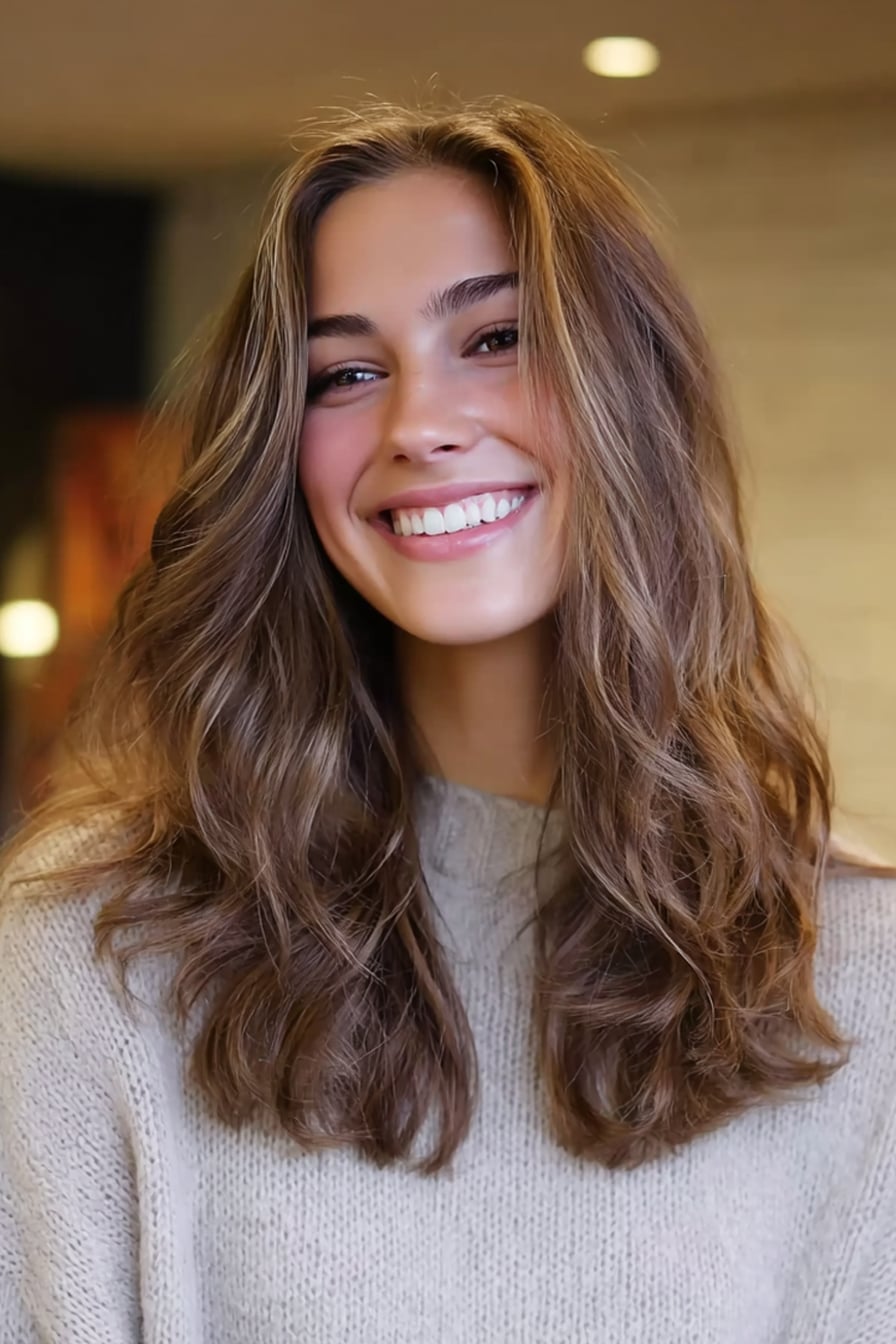 Collarbone Layers With Curtain Bangs And Blonde Highlights Collarbone Layers With Curtain Bangs And Blonde Highlights — Haircuts for Wavy Hair