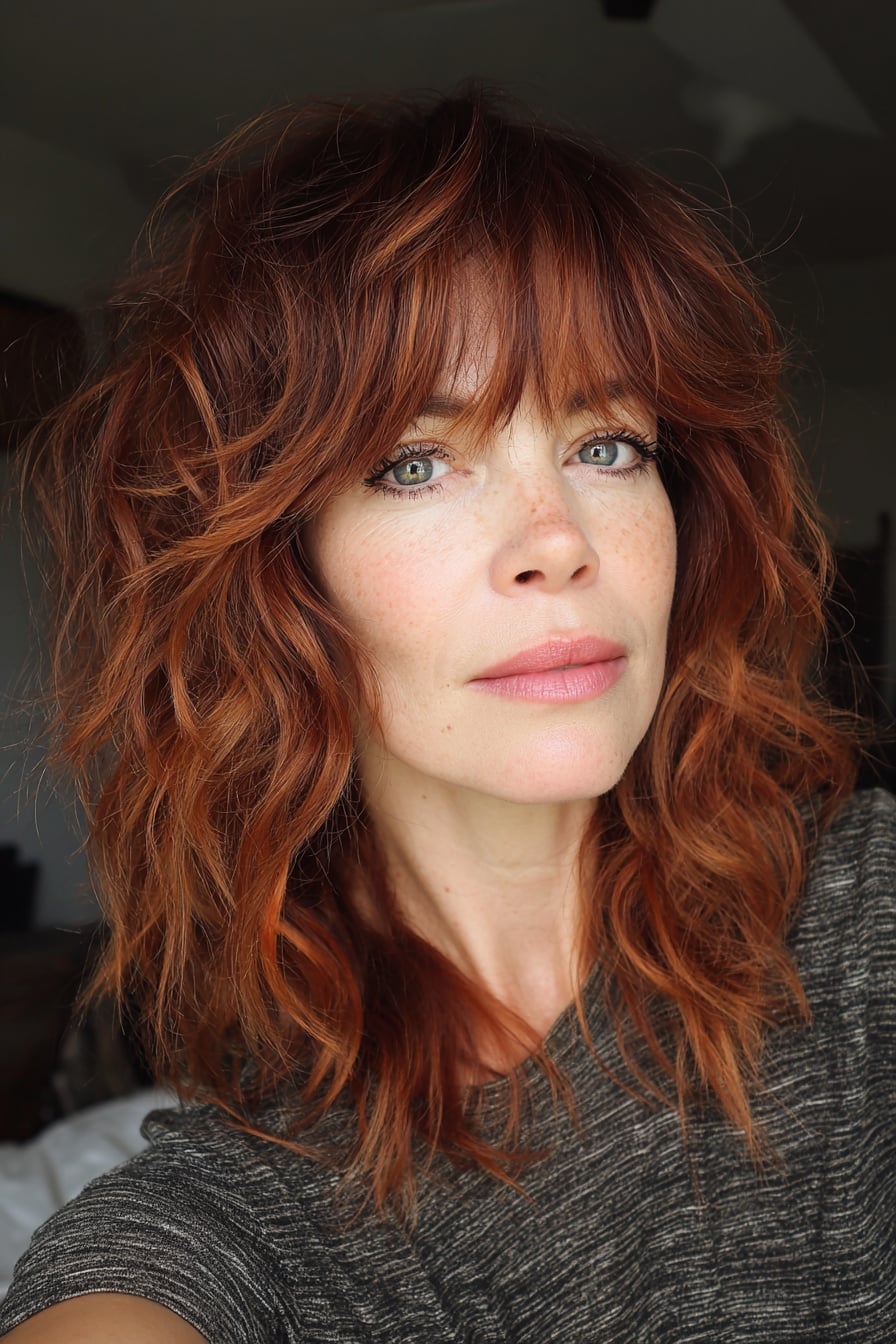 Layered Lob With Blunt Bangs In Copper Red Layered Lob With Blunt Bangs In Copper Red — Haircuts for Wavy Hair