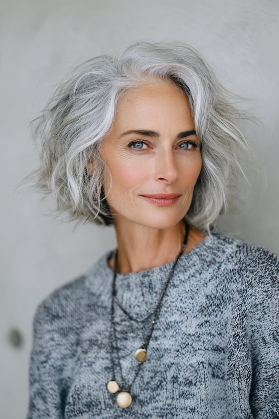 Natural Gray Chin Length Bob With Soft Blowout Natural Gray Chin Length Bob With Soft Blowout — Haircuts for Wavy Hair