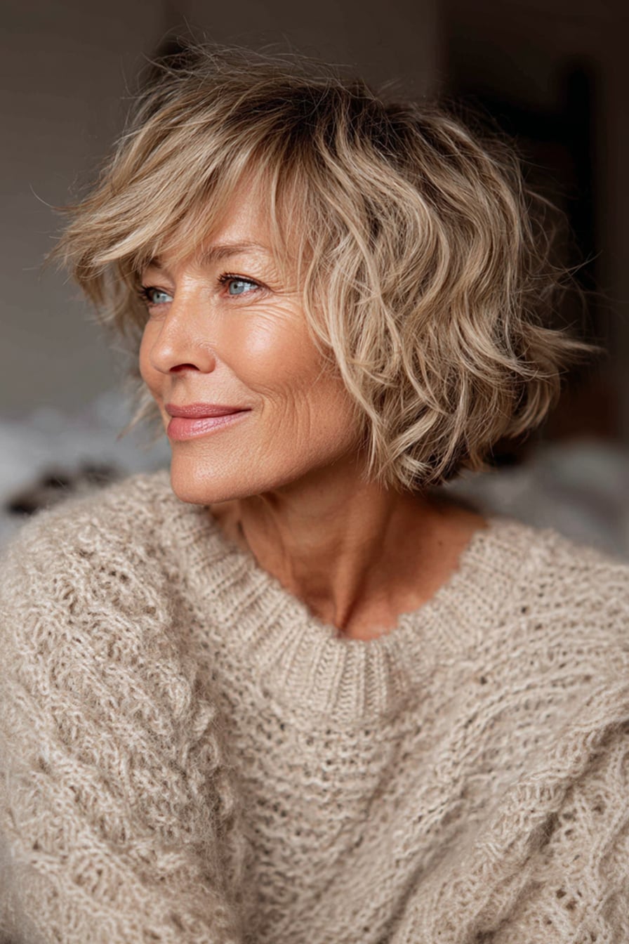 Ear Length Bob With Choppy Bangs In Ash Blonde Ear Length Bob With Choppy Bangs In Ash Blonde — Haircuts for Wavy Hair