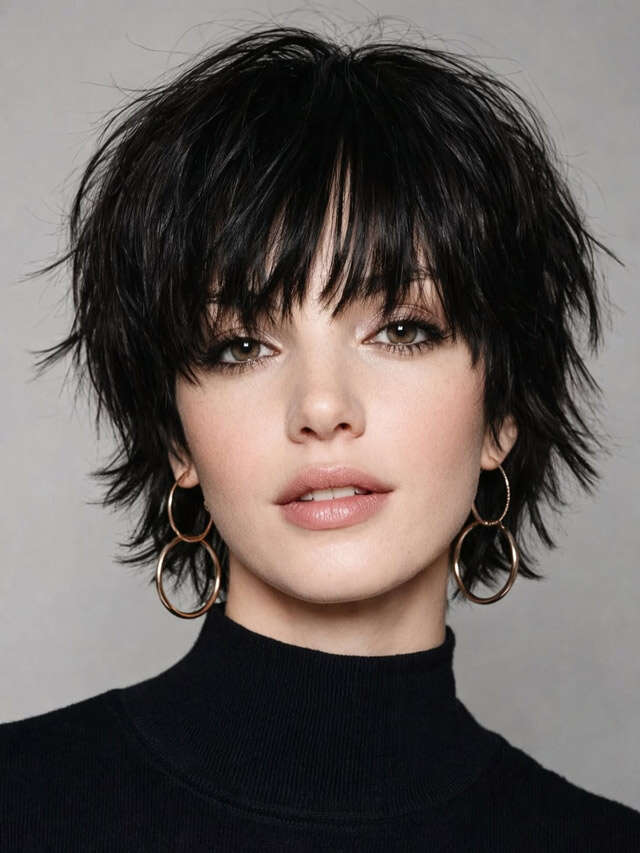 Dark Brown Shag With Choppy Layers and Wispy Curtain Bangs Dark Brown Shag With Choppy Layers and Wispy Curtain Bangs — Haircuts for Women