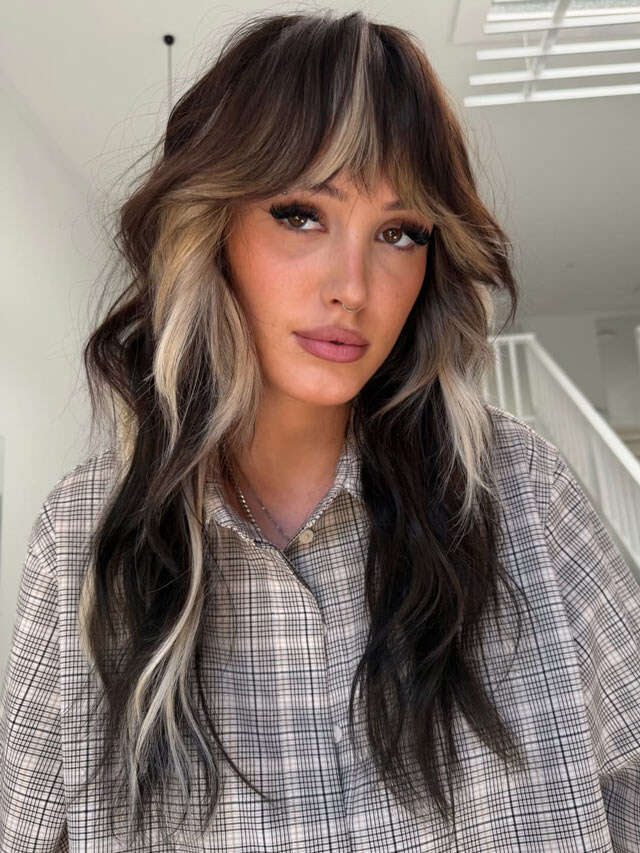 Collarbone Shag With Dark Brown Base and Blonde Highlights Collarbone Shag With Dark Brown Base and Blonde Highlights — Haircuts for Women