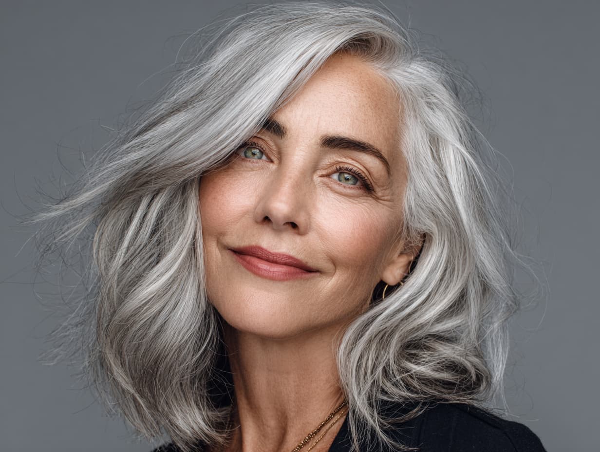 Silver Gray Bob With Loose Waves and Glossy Finish Silver Gray Bob With Loose Waves and Glossy Finish — Haircuts for Women