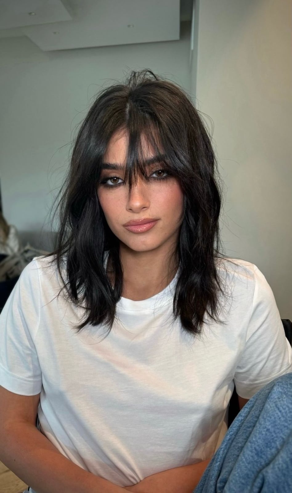 Mid-Length Dark Brown Shag With Full Bangs Mid-Length Dark Brown Shag With Full Bangs — Haircuts for Women