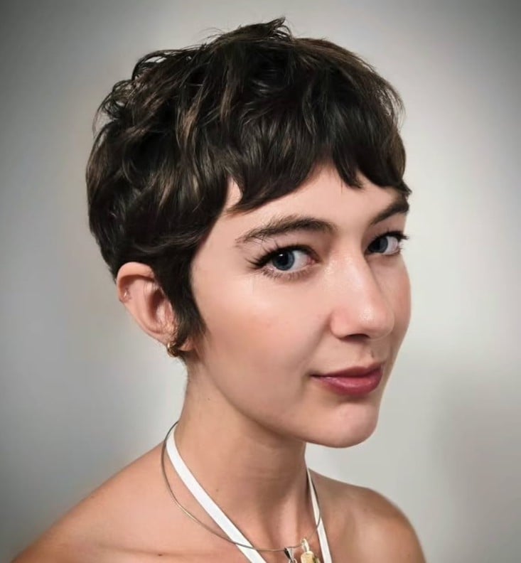 Textured Dark Brown Pixie With Short Fringe Textured Dark Brown Pixie With Short Fringe — Haircuts for Women